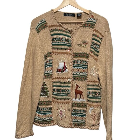 Crystal Kobe Embroidered Christmas Patchwork Tan Cardigan Sweater Womens Large - Picture 2 of 11